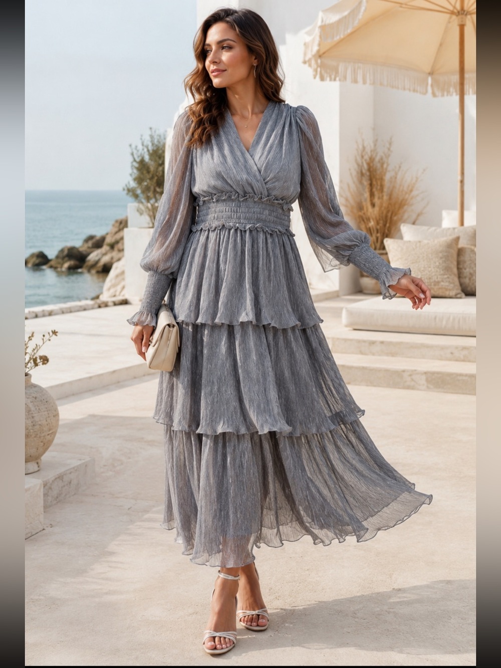 VICI x Emily Travis Gray Tiered Ruffle Maxi Dress NWT Size M